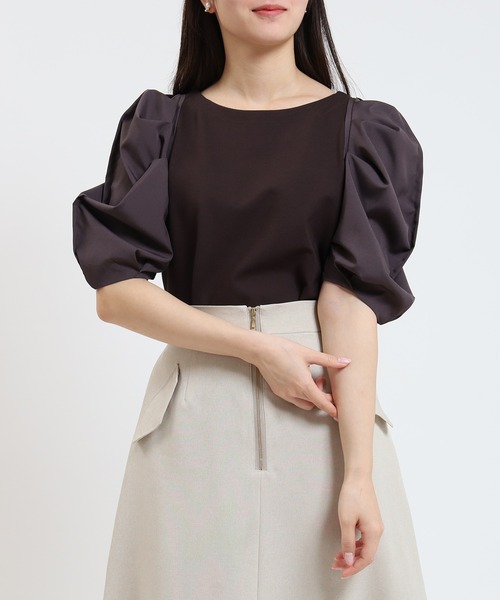 TRUDEA（トルディア）の「異素材スリーブシルケットポンチプルオーバー（Tシャツ/カットソー・レディース・ホワイト/ブラック/ブラウン・MEDIUM）」の4枚目の写真