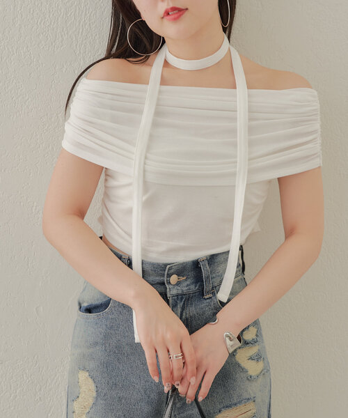 tシャツ 予約「女性らしい抜け感」シアーテレコオフショルカットソー レディース セール】【完売カラー再販開始/新色追加】シアーオフショル