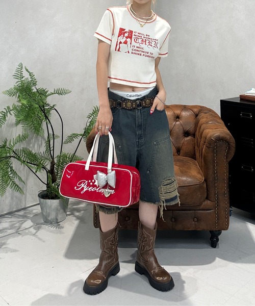 sedacle girl(セダクルガール)の「グリッタープリントロゴ配色ピチTEE(Tシャツ/カットソー・レディース・オフホワイト/チャコールグレー・SMALL/MEDIUM)」の6枚目の写真