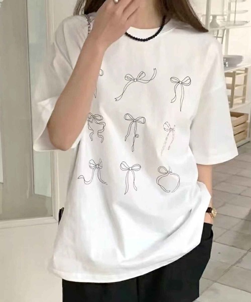 frunco(フランコ)の「リボンビッグTシャツ(Tシャツ/カットソー・レディース・ピンク/グレー/ホワイト/ブラック・FREE)」の2枚目の写真