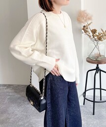 カシミヤ混ケーブル柄ラインニットプルオーバー
