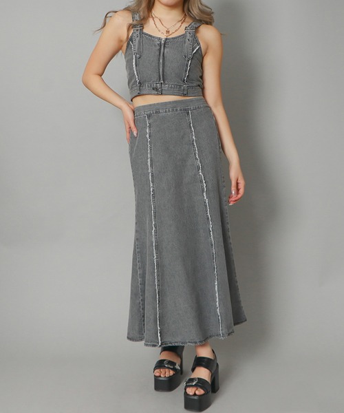 GORGE（ゴージ）の「《フリンジ切替×フレア》レディース デニムスカート ロング丈 ヴィンテージ風（スカート・レディース・ブラック/ブルー・F）」の4枚目の写真
