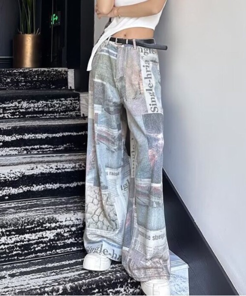 SHEENA（シーナ）の「ニュースペーパープリントワイドパンツ（デニム 