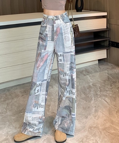 SHEENA（シーナ）の「ニュースペーパープリントワイドパンツ（デニム 