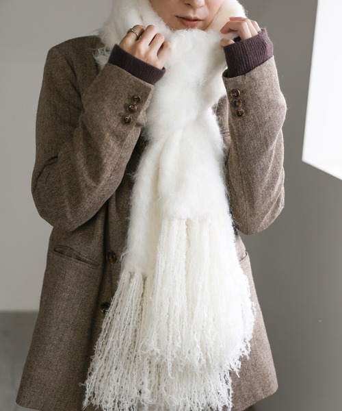ホワイト モヘア風 マフラー フリンジ付き ホワイト モヘア風 マフラー フリンジ付き