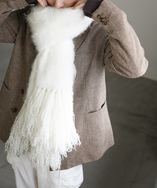 ホワイト モヘア風 マフラー フリンジ付き セール】モヘアタッチボリュームフリンジマフラー（マフラー）｜select