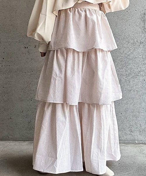 merrylatte（メリーラテ）の「サイドリボンギンガムチェックティアードスカート（スカート・レディース・ネイビー/ピンク/ブラック/ホワイト/ブラウン/ブラウン系その他・FREE）」の6枚目の写真