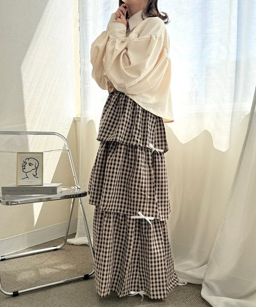 merrylatte（メリーラテ）の「サイドリボンギンガムチェックティアードスカート（スカート・レディース・ネイビー/ピンク/ブラック/ホワイト/ブラウン/ブラウン系その他・FREE）」の10枚目の写真