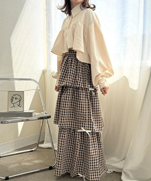 merrylatte（メリーラテ）の「サイドリボンギンガムチェックティアードスカート（スカート・レディース・ネイビー/ピンク/ブラック/ホワイト/ブラウン/ブラウン系その他・FREE）」の11枚目の写真
