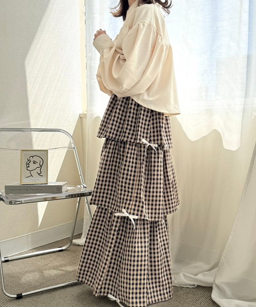 merrylatte（メリーラテ）の「サイドリボンギンガムチェックティアードスカート（スカート・レディース・ネイビー/ピンク/ブラック/ホワイト/ブラウン/ブラウン系その他・FREE）」の12枚目の写真