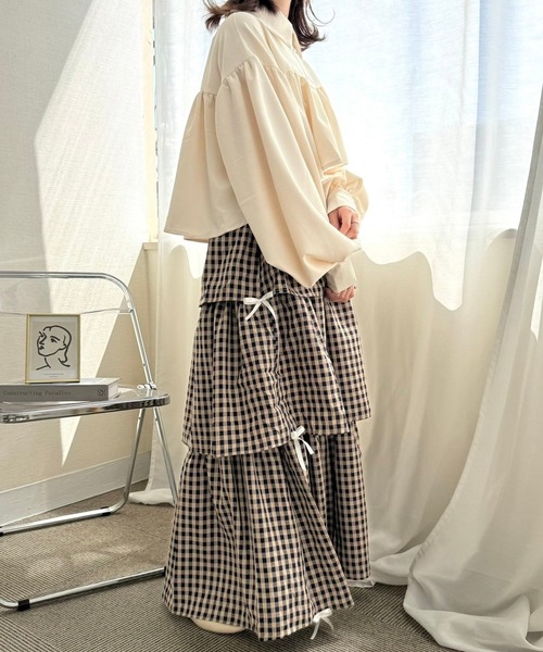 merrylatte（メリーラテ）の「サイドリボンギンガムチェックティアードスカート（スカート・レディース・ネイビー/ピンク/ブラック/ホワイト/ブラウン/ブラウン系その他・FREE）」の13枚目の写真