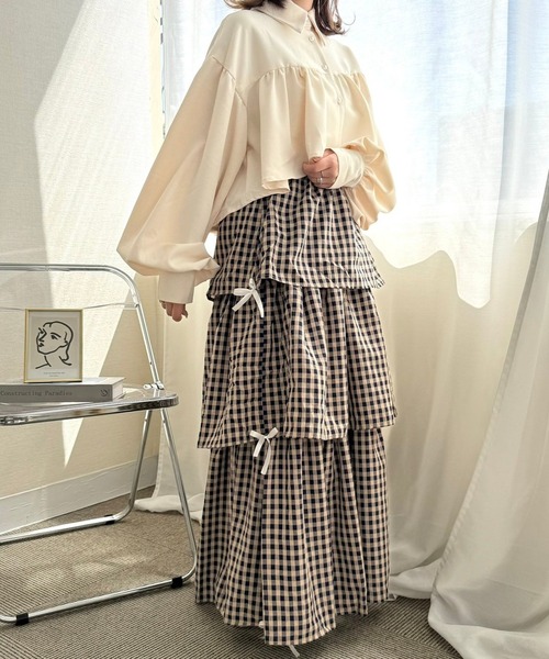 merrylatte（メリーラテ）の「サイドリボンギンガムチェックティアードスカート（スカート・レディース・ネイビー/ピンク/ブラック/ホワイト/ブラウン/ブラウン系その他・FREE）」の14枚目の写真