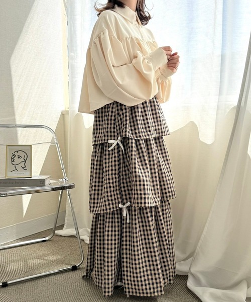 merrylatte（メリーラテ）の「サイドリボンギンガムチェックティアードスカート（スカート・レディース・ネイビー/ピンク/ブラック/ホワイト/ブラウン/ブラウン系その他・FREE）」の15枚目の写真