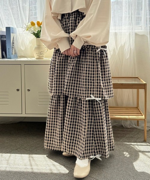 merrylatte（メリーラテ）の「サイドリボンギンガムチェックティアードスカート（スカート・レディース・ネイビー/ピンク/ブラック/ホワイト/ブラウン/ブラウン系その他・FREE）」の9枚目の写真