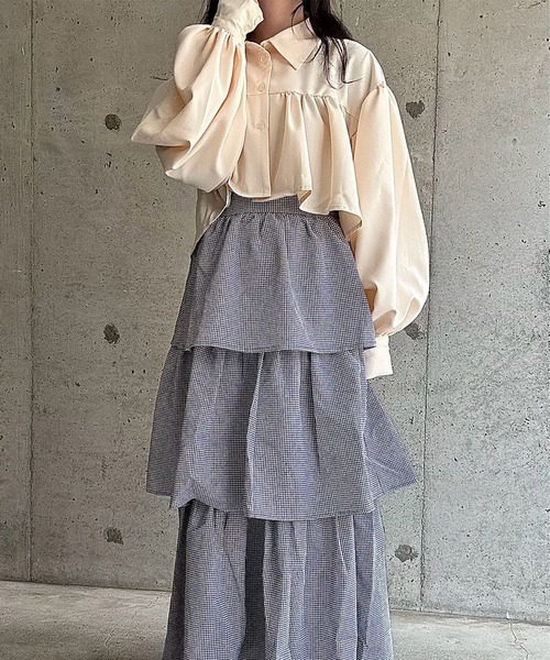merrylatte（メリーラテ）の「サイドリボンギンガムチェックティアードスカート（スカート・レディース・ネイビー/ピンク/ブラック/ホワイト/ブラウン/ブラウン系その他・FREE）」の16枚目の写真