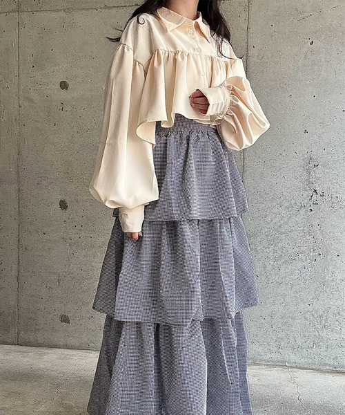 merrylatte（メリーラテ）の「サイドリボンギンガムチェックティアードスカート（スカート・レディース・ネイビー/ピンク/ブラック/ホワイト/ブラウン/ブラウン系その他・FREE）」の17枚目の写真