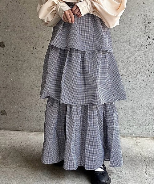 merrylatte（メリーラテ）の「サイドリボンギンガムチェックティアードスカート（スカート・レディース・ネイビー/ピンク/ブラック/ホワイト/ブラウン/ブラウン系その他・FREE）」の20枚目の写真