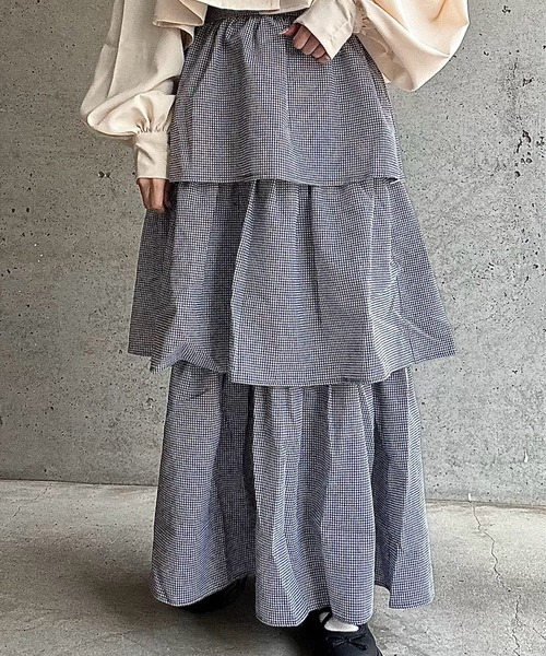 merrylatte（メリーラテ）の「サイドリボンギンガムチェックティアードスカート（スカート・レディース・ネイビー/ピンク/ブラック/ホワイト/ブラウン/ブラウン系その他・FREE）」の22枚目の写真