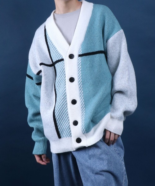 ANPAS(アンパス)の「Cross Plaid Oversized Knit Cardigan/クロスチェック柄 オーバーサイズ ニット カーディガン(カーディガン/ボレロ・メンズ・ブルー系その他/ホワイト系その他/ブラック系その他/ホワイト系その他2/ブルー系その他2・M/L)」の2枚目の写真