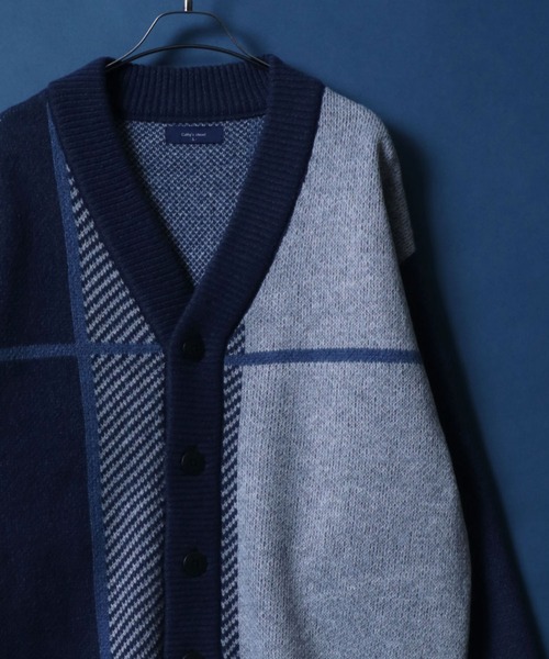 ANPAS(アンパス)の「Cross Plaid Oversized Knit Cardigan/クロスチェック柄 オーバーサイズ ニット カーディガン(カーディガン/ボレロ・メンズ・ブルー系その他/ホワイト系その他/ブラック系その他/ホワイト系その他2/ブルー系その他2・M/L)」の1枚目の写真