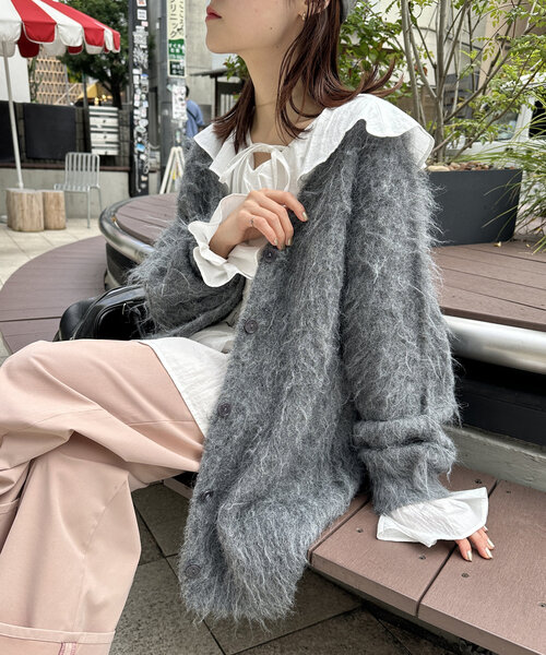 w closet(ダブルクローゼット)の「【6色展開】MIXシャギービッグニットカーディガン(カーディガン/ボレロ・レディース・チャコールグレー/ブルー/アイボリー/オレンジ/パープル/グリーン・FREE)」の3枚目の写真