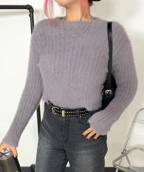 non-hedge(ノンヘッジ)の「シャギーリブショート丈ニットトップス(ニット/セーター・レディース・ベージュ/チャコールグレー/オフホワイト・FREE)」の2枚目の写真