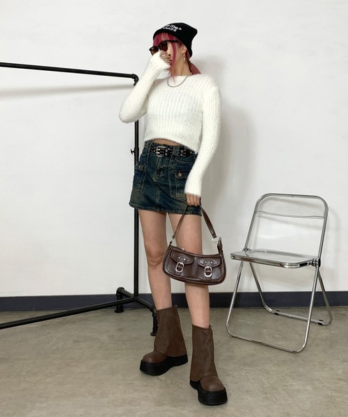 non-hedge(ノンヘッジ)の「シャギーリブショート丈ニットトップス(ニット/セーター・レディース・ベージュ/チャコールグレー/オフホワイト・FREE)」の10枚目の写真