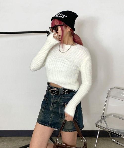 non-hedge(ノンヘッジ)の「シャギーリブショート丈ニットトップス(ニット/セーター・レディース・ベージュ/チャコールグレー/オフホワイト・FREE)」の11枚目の写真