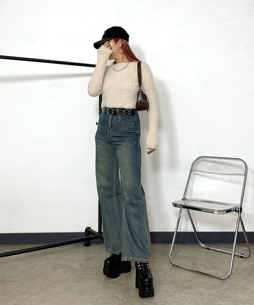 non-hedge(ノンヘッジ)の「シャギーリブショート丈ニットトップス(ニット/セーター・レディース・ベージュ/チャコールグレー/オフホワイト・FREE)」の4枚目の写真
