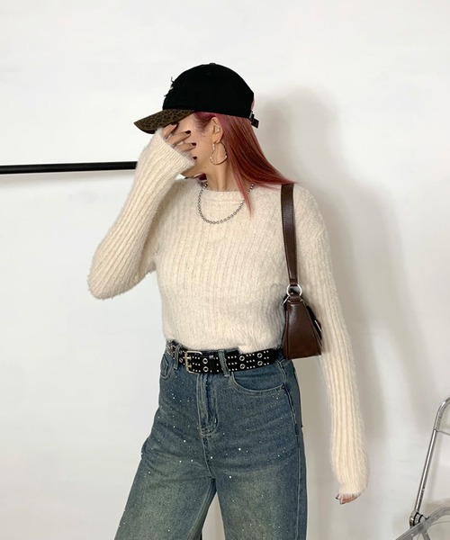 non-hedge(ノンヘッジ)の「シャギーリブショート丈ニットトップス(ニット/セーター・レディース・ベージュ/チャコールグレー/オフホワイト・FREE)」の5枚目の写真