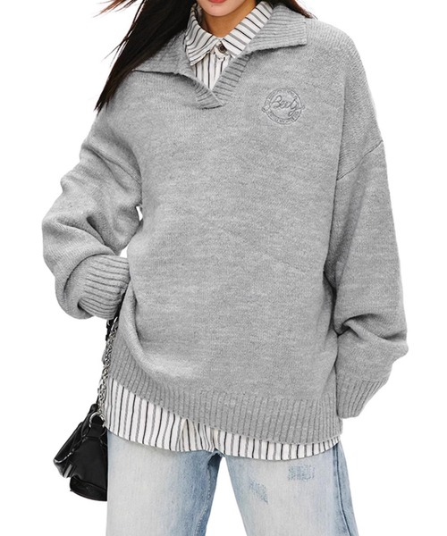 WESTSEA(ウエストシー)の「スキッパー ポロ襟 ニット プルオーバー 長袖 オーバーサイズ 刺繍ロゴ付(ニット/セーター・レディース・グレー/ブラック・M/L)」の5枚目の写真