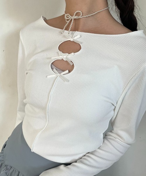 tシャツ CUTWORK RIBON  TOPS/カットワークリボントップス レディース CUTWORK RIBON TOPS/カットワークリボントップス（Tシャツ