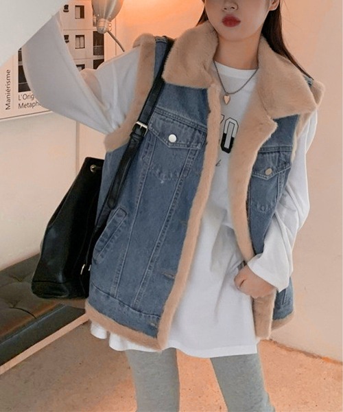 BLANC FICELLE(ブランフィセル)の「裏地ファー デニム ジレ(ベスト・レディース・ブラック/インディゴブルー・L/XL/S/M)」の9枚目の写真