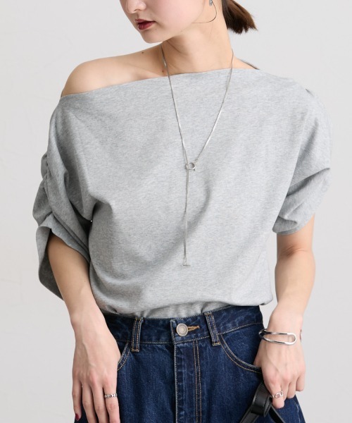 nissen(ニッセン)の「綿100%オフショルダートップス(Tシャツ/カットソー・レディース・ブラック/杢グレー/ミント・LL/L/M/S)」の2枚目の写真
