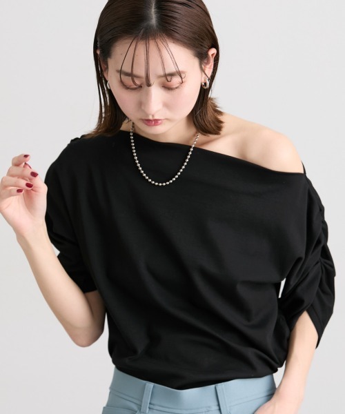nissen(ニッセン)の「綿100%オフショルダートップス(Tシャツ/カットソー・レディース・ブラック/杢グレー/ミント・LL/L/M/S)」の4枚目の写真