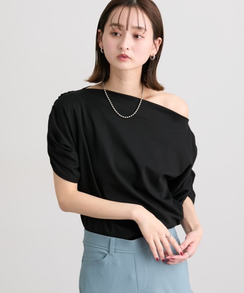 nissen(ニッセン)の「綿100%オフショルダートップス(Tシャツ/カットソー・レディース・ブラック/杢グレー/ミント・LL/L/M/S)」の6枚目の写真