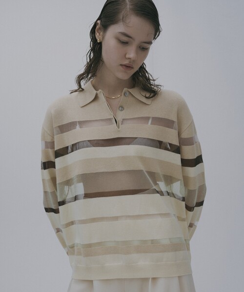 Firsthand(ファーストハンド)の「Firsthand/ファーストハンド シアーランダムボーダーポロニット(ニット/セーター・レディース・グレー/ベージュ・FREE)」の1枚目の写真