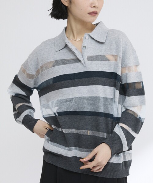 Firsthand(ファーストハンド)の「Firsthand/ファーストハンド シアーランダムボーダーポロニット(ニット/セーター・レディース・グレー/ベージュ・FREE)」の2枚目の写真