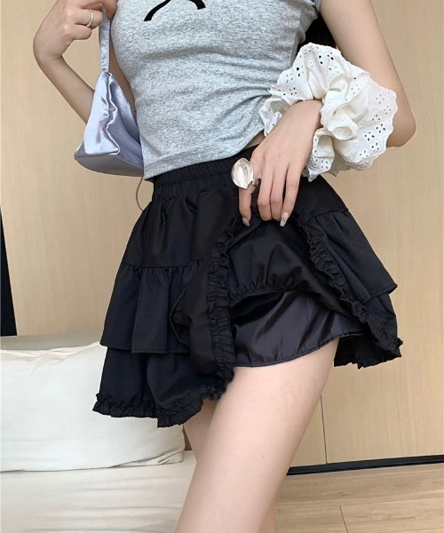 Mejoul（メジュール）の「【インパン付・ウエストゴム】2段フリルティアードミニスカート（スカート・レディース・アイボリー/ブラック/ホワイト・M/L）」の3枚目の写真