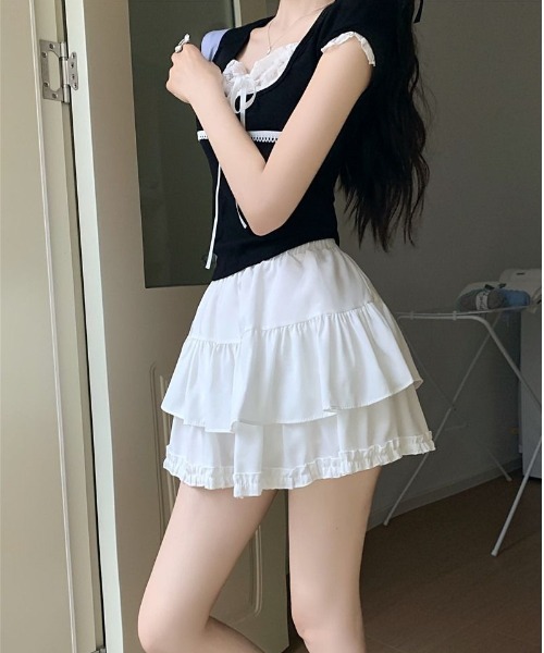 Mejoul（メジュール）の「【インパン付・ウエストゴム】2段フリルティアードミニスカート（スカート・レディース・アイボリー/ブラック/ホワイト・M/L）」の17枚目の写真