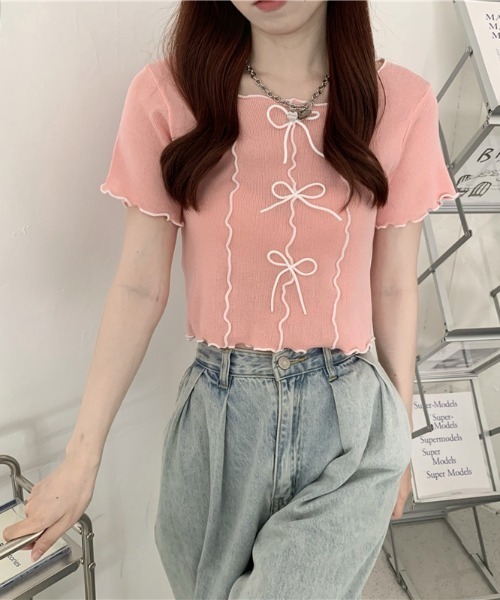 SHEPP(シープ)の「フリルスリーブが愛らしさUP♪リボンデザインで魅せる。フロント リボン メロー フリル 配色 トップス 半袖T(Tシャツ/カットソー・レディース・ホワイト/ブラック/サックスブルー/ピンク/イエロー・F)」の5枚目の写真