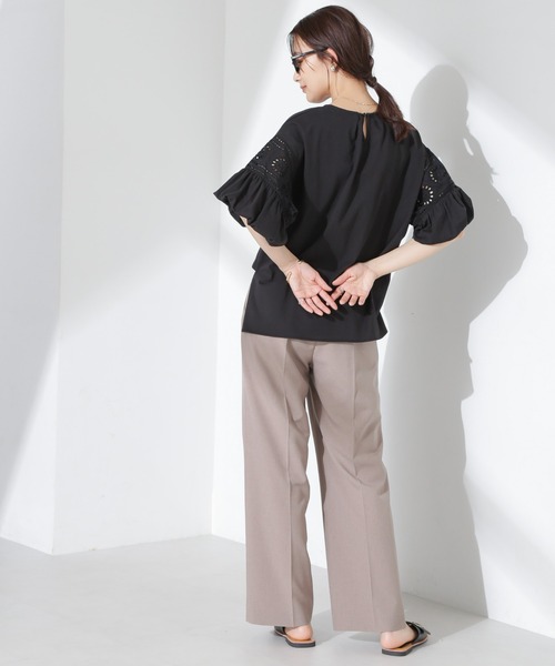 ハッピーPRADAバルーンスリーブ半袖　トレーナー セール】お花柄レース切替バルーンスリーブカットトップス（T