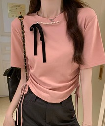 カットソー デザインカットソー リボンバイカラーカット バイカラー」に該当するTシャツ/カットソー（ピンク/桃色系