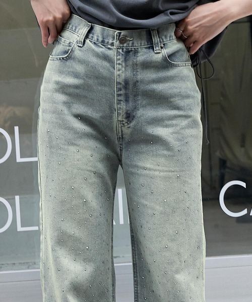 MONO-MART（モノマート）の「ラインストーンヴィンテージライクフレアデニムパンツ（デニムパンツ・レディース・サックスブルー/ブラック/ライトインディゴブルー/グレー・S/M/L）」の4枚目の写真