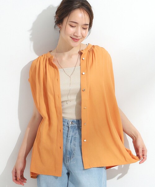 DRESKIP（ドレスキップ）の「【S-LL/洗濯後しわになりにくい】上品にきれい見え スラブギャザーブラウス（シャツ/ブラウス・レディース・ナチュラル/イエロー系その他/オレンジ/グリーン/ブラック・02/01/03/04）」の5枚目の写真