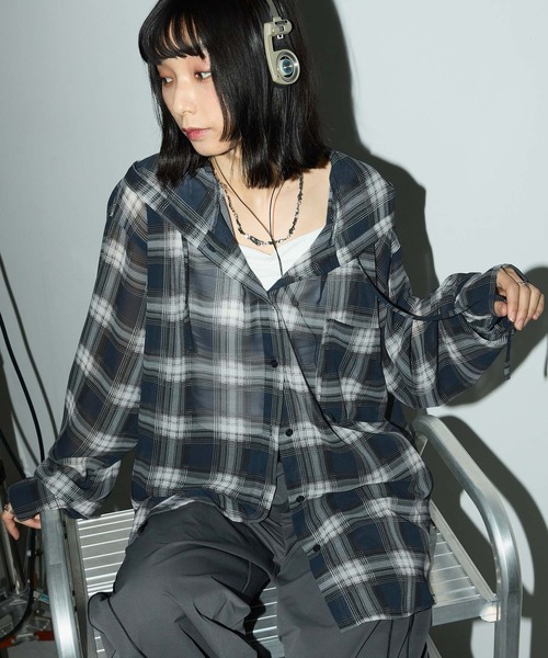 セール】シアーオンブレチェックワイドフードシャツ（シャツ
