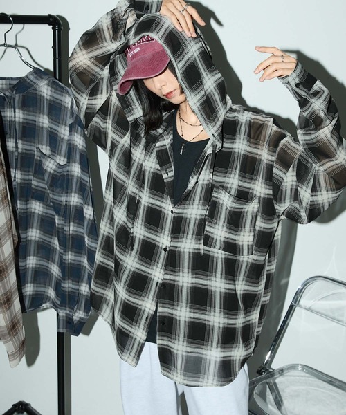 ＳＨＩＡＮ.:*:・'°☆確認用☆ セール】シアーオンブレチェックワイドフードシャツ（シャツ