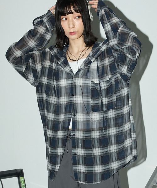 セール】シアーオンブレチェックワイドフードシャツ（シャツ
