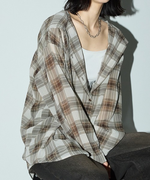 セール】シアーオンブレチェックワイドフードシャツ（シャツ