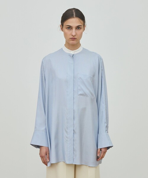 セール】シルクストライプ バンドカラーシャツ（シャツ/ブラウス